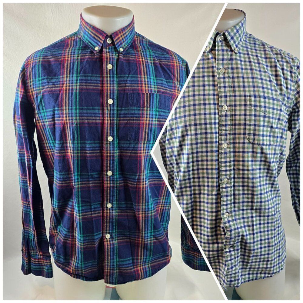 GAP Shirt Mens Medium Blue Button Down Plaid Check Lot 2 Untucked Casual Bundle